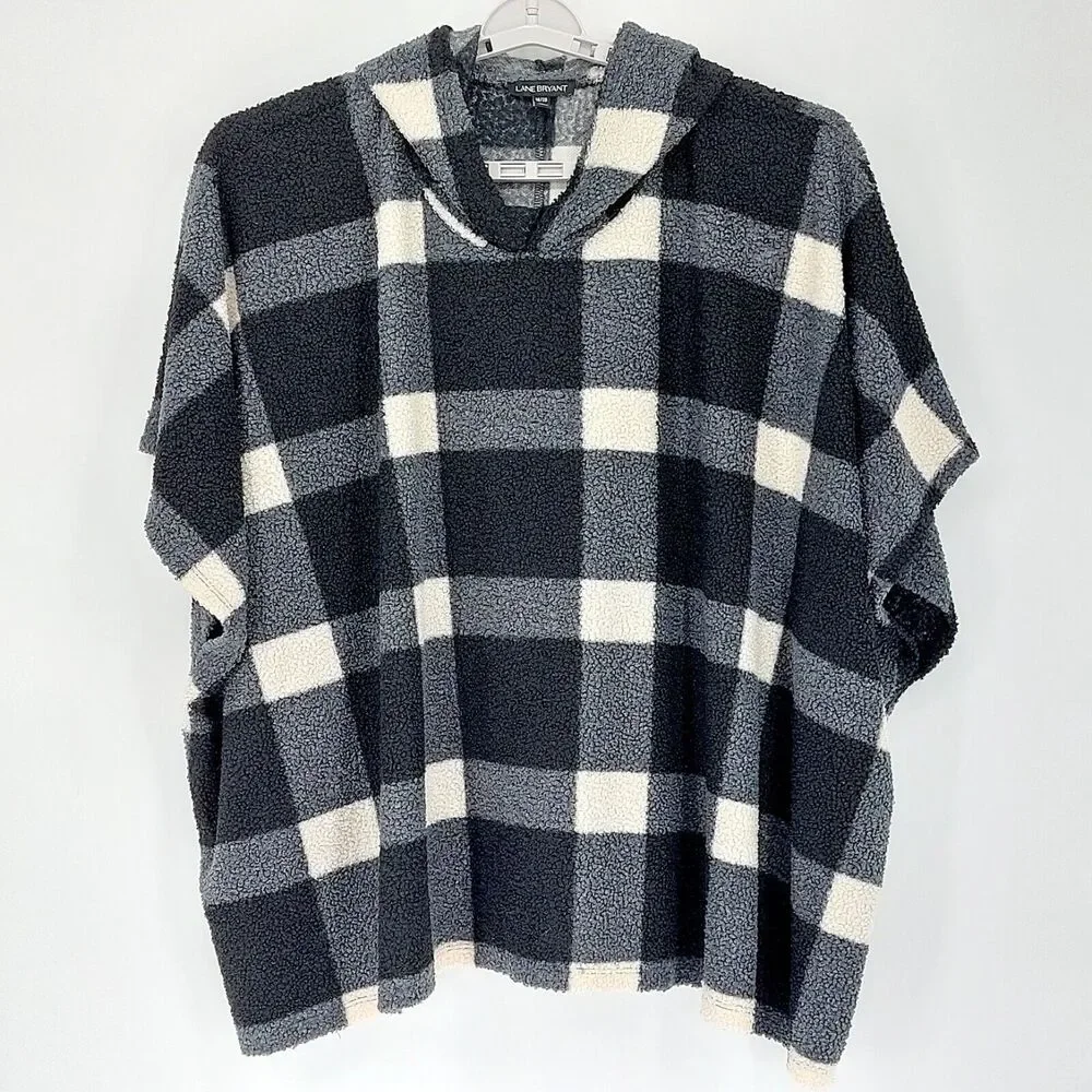 Lane Bryant Poncho Sz 18/20 Hooded Black Cream Checkered Lagenlook Cottagecore